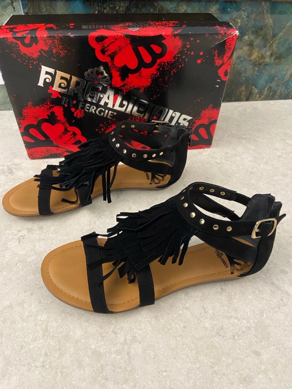 Sale! Fergalicious Black Leather Fringe Gold Studded Gladiator Sandals, size 7M - Picture 8 of 14